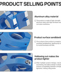 Close-up of blue anodized CNC aluminum MTB bike stem highlighting sandblasted finish and material details.