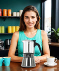 Woman with Stovetop Espresso Maker 6 Cup 240ml Classic Moka Pot With Crystal Glass Top And Stainless Steel Base For Cuban And Italian Coffee Lovers