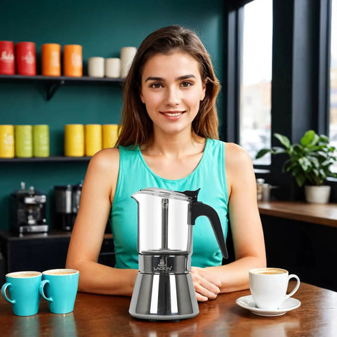 Woman with Stovetop Espresso Maker 6 Cup 240ml Classic Moka Pot With Crystal Glass Top And Stainless Steel Base For Cuban And Italian Coffee Lovers