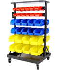 60 Bin Parts Bin Rack For Garage Storage 6 Tier Dual Sided Rolling Steel Shelf 350 Lb Capacity Heavy Duty Portable Wheels