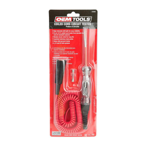 6-24 Volt Live Wire Circuit Tester With LED Light in packaging showing probe and coiled cord for automotive electrical work.