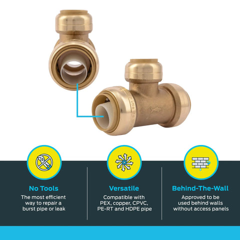 Push-to-connect brass reducing tee fitting for PEX copper CPVC PE-RT HDPE pipes, 1” by 1” by 3/4”, no tools needed