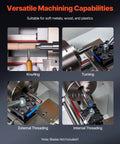 VEVOR Precision Benchtop Metal Lathe 8.7 X 18 In image showing knurling, turning, external and internal threading capabilities.