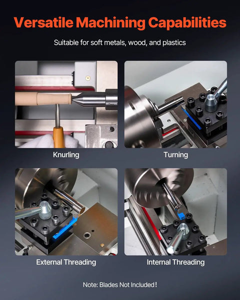 VEVOR Precision Benchtop Metal Lathe 8.7 X 18 In image showing knurling, turning, external and internal threading capabilities.