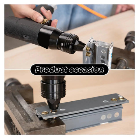 Rivet Nut Gun Set For Auto DIY Projects, Pneumatic Riveter Tool Kit in use with metal panels and threaded inserts