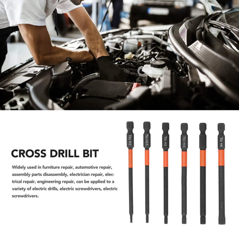 Heavy Duty Cross Drill Bit Set For Furniture And Car Repair Featuring Strong Magnetic Hex Shank, High Torsion Steel Bits With Wear Resistant Finish For Tough Jobs Without The Hassle. Six TS bits shown for auto repair