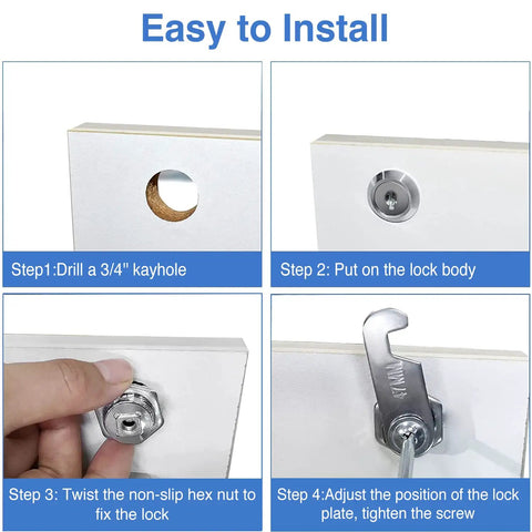 Installation steps for Five Eighths Inch Zinc Alloy Cam Locks Set With Keys, Keyed Alike, Eight Pack on a white panel.
