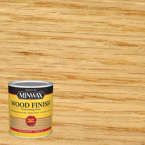 Straight Up Premium Natural Wood Stain For Interior Furniture Cabinets And Doors Quick Drying Formula in a quart can with wood texture background.