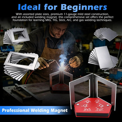 Welding Practice Kit With 40 Mild Steel Coupons And A Welding Magnet for MIG TIG Stick Arc Welding, assorted plate sizes