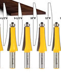 Six Radiusing Router Bit Set for Guitar Fingerboards With Half Inch Shank Includes Radii Seven And A Quarter, Eight And A Half, Nine And A Half, Ten, Twelve And Sixteen Inches With Premium Tungsten Carbide Blades For Sharp, Long Lasting Edges displayed vertically with radius diagrams