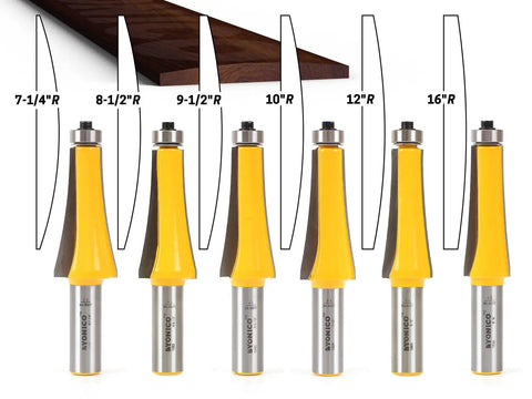 Six Radiusing Router Bit Set for Guitar Fingerboards With Half Inch Shank Includes Radii Seven And A Quarter, Eight And A Half, Nine And A Half, Ten, Twelve And Sixteen Inches With Premium Tungsten Carbide Blades For Sharp, Long Lasting Edges displayed vertically with radius diagrams