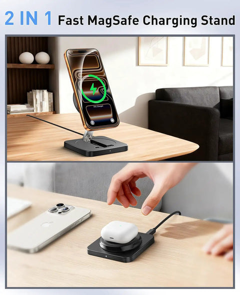 Two Pack Magnetic Wireless Charging Stand Set With 15W Fast Charging Foldable Desk Or Nightstand Chargers for iPhone and AirPods