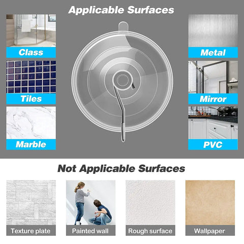 Three Size Suction Cup Hooks Set For Shower Glass And Walls illustration showing applicable surfaces like glass and tiles.