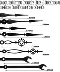 Black Clock Hands Replacement Kit With 14 Styles Aluminum Non Ticking Hands For DIY Clock Repair, size options shown.
