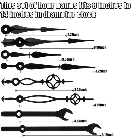 Black Clock Hands Replacement Kit With 14 Styles Aluminum Non Ticking Hands For DIY Clock Repair, size options shown.