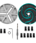 Adjustable Hole Saw Tool Kit For Wood And Drywall Cutting components with three-flute round hole cutter and accessories displayed