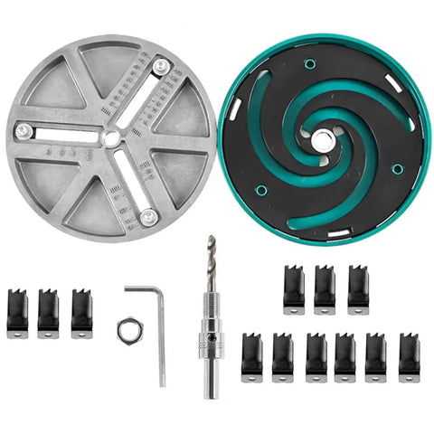 Adjustable Hole Saw Tool Kit For Wood And Drywall Cutting components with three-flute round hole cutter and accessories displayed