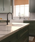 hansgrohe Talis N Pull Down Kitchen Faucet, Modern, Magnetic Hand Sprayer, 1-Handle, 1.75 GPM, Matte Black, 72865671 on kitchen island.