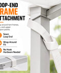 Loop end attachment of Four Pack 1 X 12 Feet White Ratchet Tent Straps on tent frame, showing no hook hardware needed.