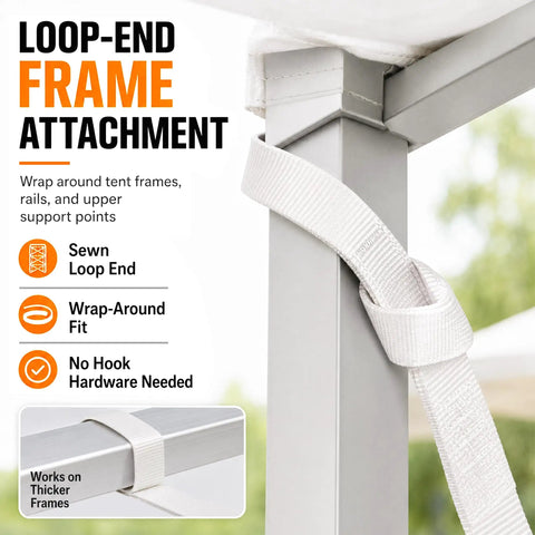 Loop end attachment of Four Pack 1 X 12 Feet White Ratchet Tent Straps on tent frame, showing no hook hardware needed.