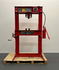 Heavy Duty High Capacity Dual Speed Hydraulic Shop Press providing smooth fast and slow pump action for knuckling through rusty bushings and daily garage grinds. 50 ton red press on wooden pallet.