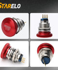 Stainless Steel Emergency Stop Mushroom Push Button Switch With Stop Sign 12-250V AC 5A Prewired Latching 1NO 1NC Twist Reset Seven Eighths Inch Mount Hole 22mm Size High Visibility Stop Control shown from different angles.