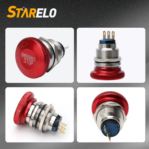 Stainless Steel Emergency Stop Mushroom Push Button Switch With Stop Sign 12-250V AC 5A Prewired Latching 1NO 1NC Twist Reset Seven Eighths Inch Mount Hole 22mm Size High Visibility Stop Control shown from different angles.