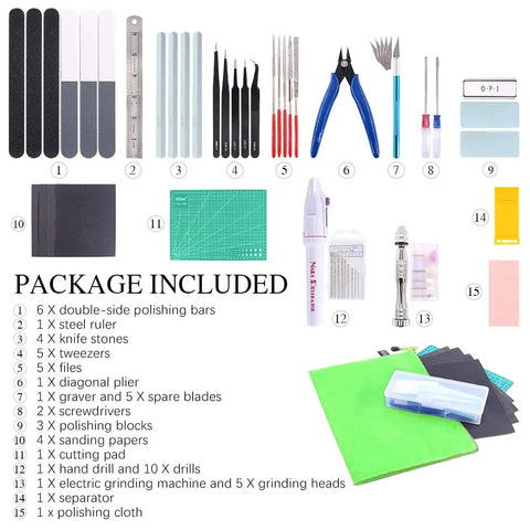 Pro Grade Modeler Tools Set 55 Pcs Deluxe Craft Kit For Gunpla Building And Car Model Projects includes various tools and accessories displayed.