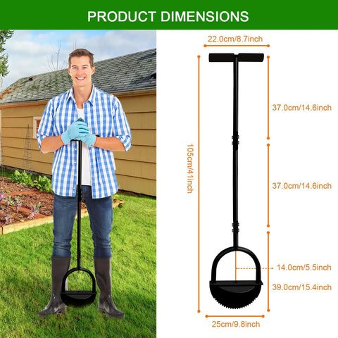 41 Inch Manual Lawn Edger With Two Replaceable Blades And T Grip Handle For Yard Garden Landscaping Sidewalk And Flower Bed Built From Rust Resistant Steel For Pro Grade Durability And Easy To Use, shown with dimensions and beside a person in a garden setting.