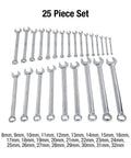Metric V-Groove Combination Wrench Set 8mm To 32mm, Fully Polished 25-Piece With Roll Case And Canvas Protective Holder shown arranged