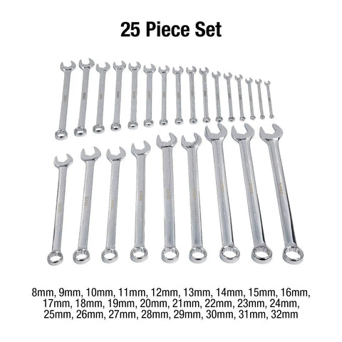 Metric V-Groove Combination Wrench Set 8mm To 32mm, Fully Polished 25-Piece With Roll Case And Canvas Protective Holder shown arranged