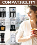 Woman with coffee mug next to compatible coffee makers showing Reusable Gold Tone Cone Coffee Filter Basket For 8 To 12 Cup Makers