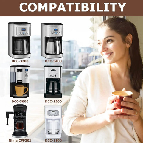 Woman with coffee mug next to compatible coffee makers showing Reusable Gold Tone Cone Coffee Filter Basket For 8 To 12 Cup Makers