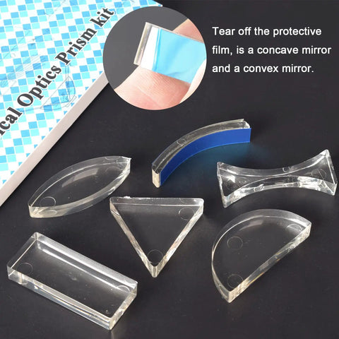 Six Piece Acrylic Glass Light Prism Set For Physics Lab Teaching Includes Triangular Semicircular Rectangular Biconvex And Biconcave Lenses Plus Concave Convex Mirror