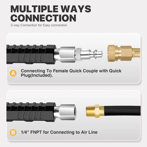 Image showing two connection methods for 14 Inch Extended Reach Dual Head Air Chuck With Two Way Connection One Quarter Inch FNPT Kit.