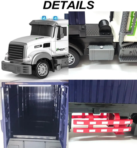 Nine Channel Remote Control Semi Truck With Trailer 24 Scale RC Container Carrier Toy with close-ups of exterior and container