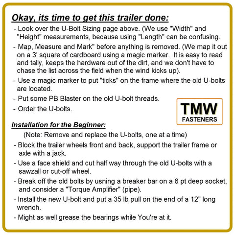 Installation guide for using Eight 304 Stainless Steel Square U-Bolts Heavy Duty Pro Grade on trailers by TMW Fasteners