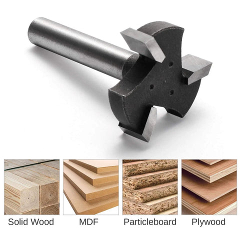 Three Flute CNC Spoilboard Surfacing Router Bits With One Quarter Inch Shank And 0.94 Inch Cutter Diameter For Woodworking Slab Flattening Pro Grade RB03A shown with wood surfaces