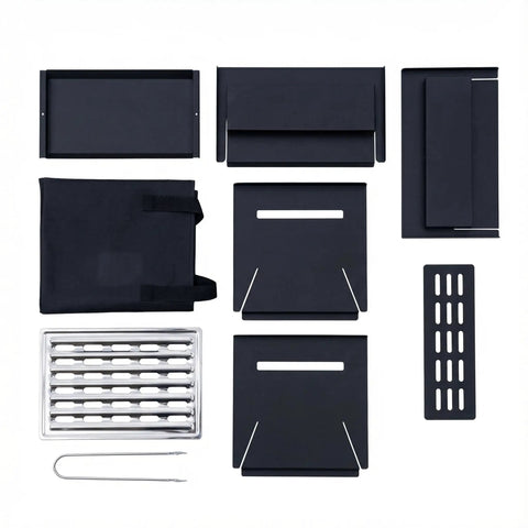 Components of Compact Foldable Charcoal Grill For 1 To 2 People, Tabletop BBQ Cooker For Outdoor Camping, Backyard And Picnics