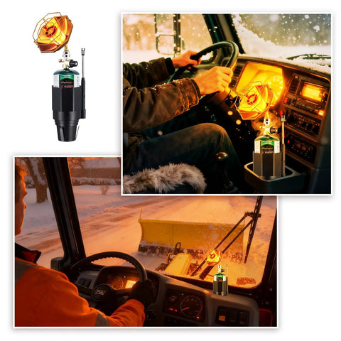 6200 BTU Portable Propane Camping Heater With Radiant Burner in vehicle, warming interior, 1 lb propane tank visible