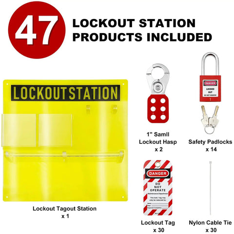 Lockout Tagout Station Kit With 14 Numbered Locks And Keys, 30 Tags, 30 Nylon Cable Ties, Heavy Duty Acrylic Board, Yellow Station display