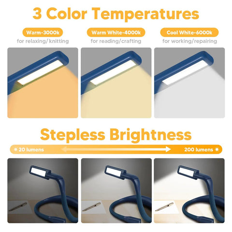 Rechargeable Neck Reading Light With Dual Lamps For Bedtime Reading And Crafting showing 3 color temperatures and brightness levels