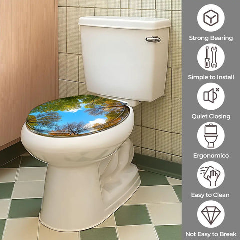 Toilet Seat Round Resin for Bathroom on a white toilet, featuring a sky and tree design, easy to install.