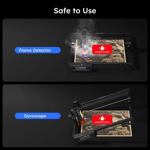 Atomstack 20W laser engraver A20 PRO V2 in black frame; wood engraving visible with flame detector and buzzer alarm.

Atomstack 20W laser engraver A20 PRO V2 side view; black frame with wood engraving and buzzer alarm label.