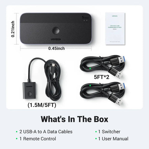 USB Three Point Zero Switch For Two PCs To Share Keyboard Mouse Printer Scanner And Other USB Devices With Four Ports And Included Cables And Controller For Easy Switching Between PCs, showing switch, cables, remote, and manual.