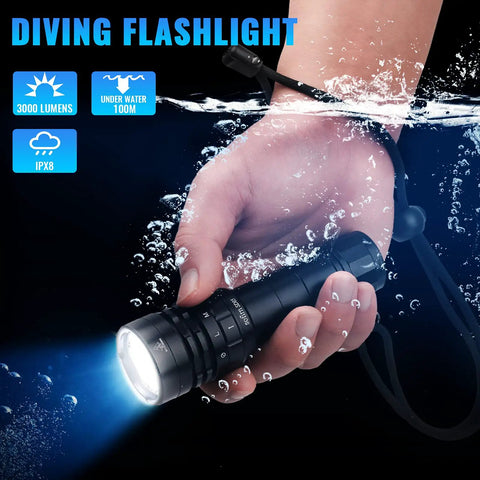 Holding Ultra Bright 3000 Lumen Scuba Dive Light With Magnetic Ring Switch IPX8 Waterproof To 100 M Four Mode Underwater Flashlight