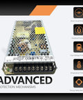 Tough As Nails 200W Switching Power Supply 5V 40A Enclosed AC DC Converter showing advanced protection mechanisms and specifications.