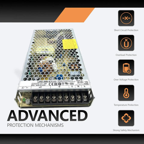 Tough As Nails 200W Switching Power Supply 5V 40A Enclosed AC DC Converter showing advanced protection mechanisms and specifications.