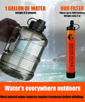 Ultralight Survival Water Filter Straw with Emergency Whistle for Camping and Hiking, next to jug of water, scenic background
