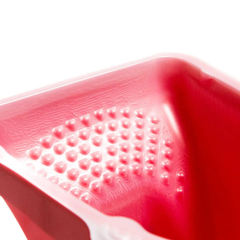 Hella Durable Paint Roller Pail Liners Bulk 100 Pack White Custom Fit Insert Bags inside a pink paint tray with textured base.